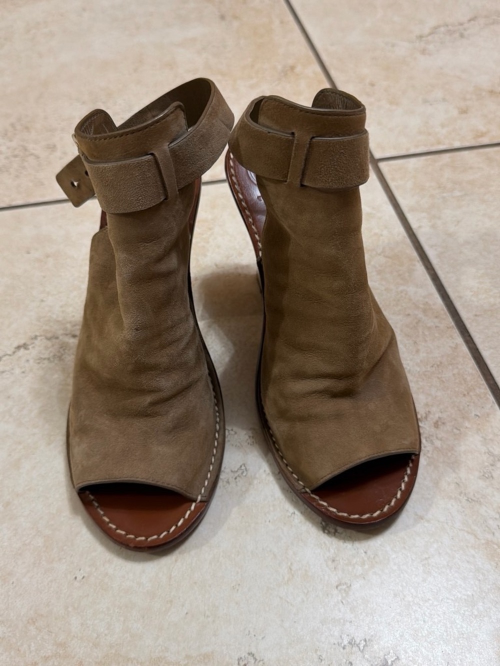 Tory Burch Taupe Suede Open-Toe Ankle Booties